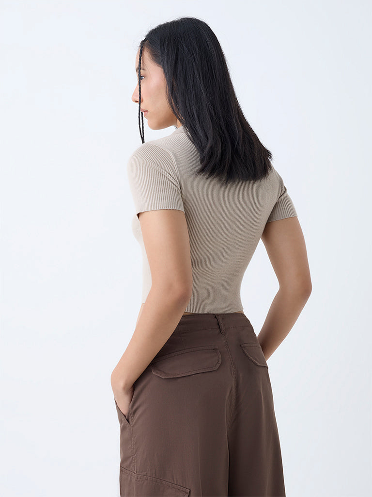 Westside Nuon Women's Beige Ribbed-Textured T-Shirt for Casual Wear Back View