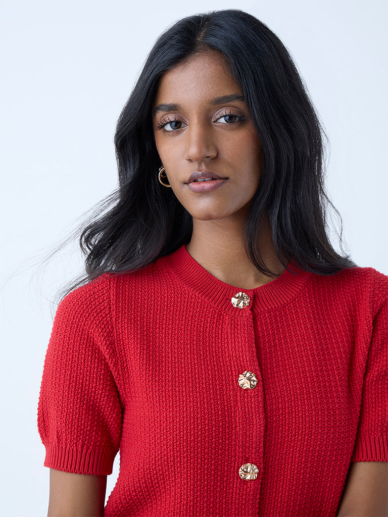 Westside LOV Women's Red Knit-Textured Cotton Cardigan for Winter Wear Zoomed View
