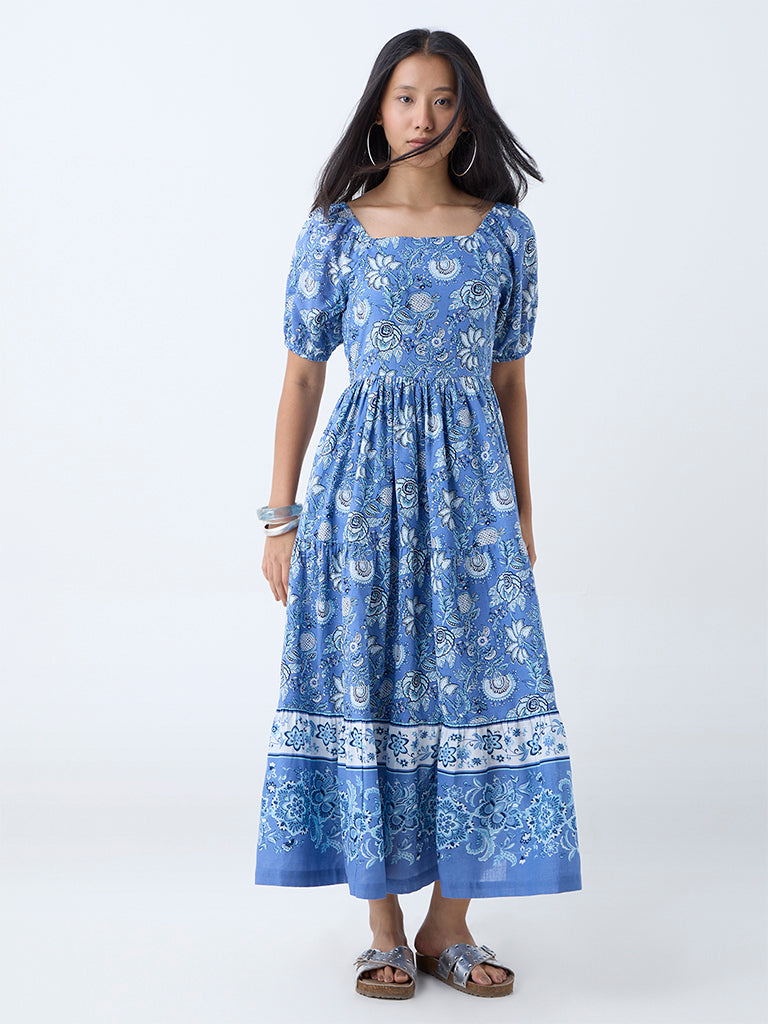 Westside Bombay Paisley Women's Blue Floral Pattern Cotton A-Line Dress for Everyday Full View