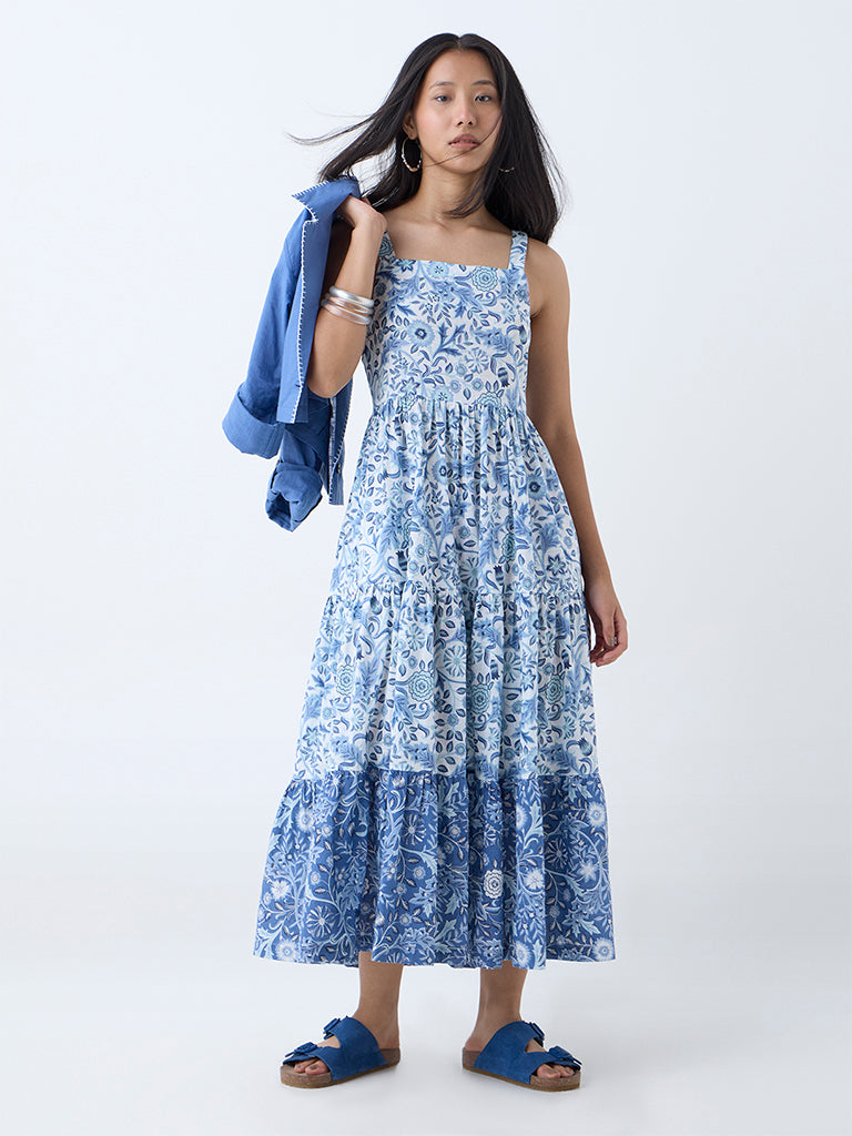 Westside Bombay Paisley Women's Blue Floral Cotton Tiered Dress with Jacket for Everyday Full View