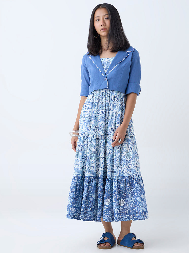 Westside Bombay Paisley Women's Blue Floral Cotton Tiered Dress with Jacket for Everyday Front View