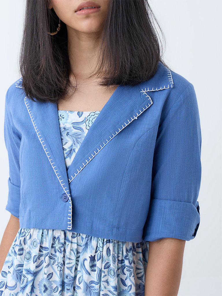 Westside Bombay Paisley Women's Blue Floral Cotton Tiered Dress with Jacket for Everyday Zoomed View