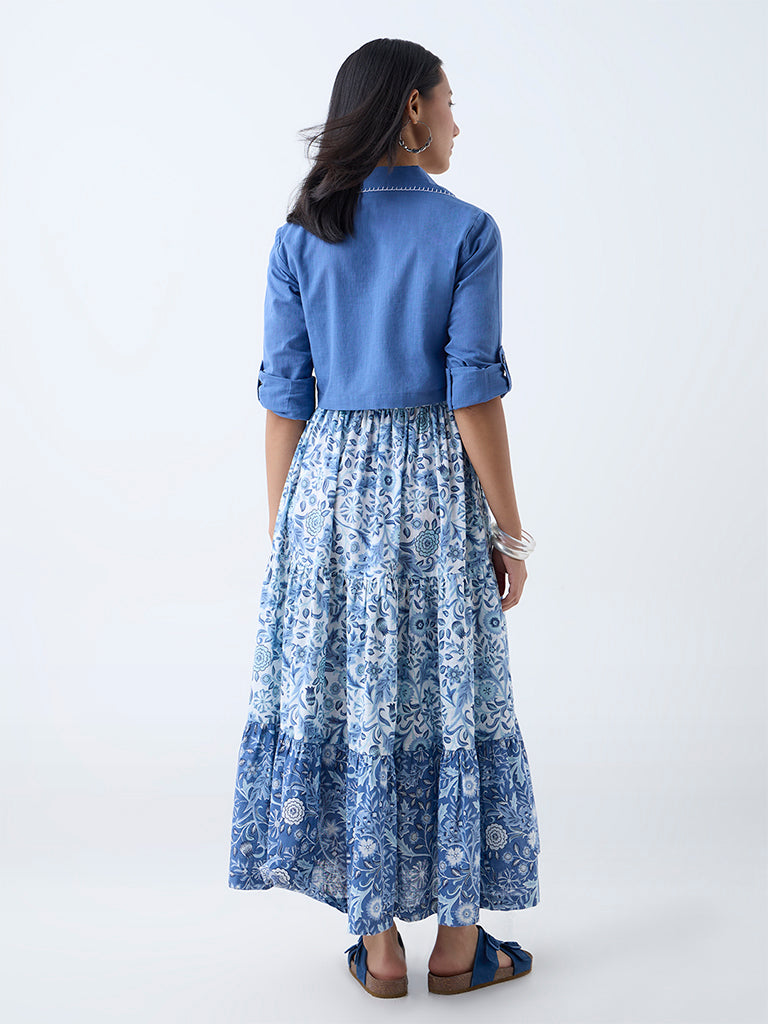 Westside Bombay Paisley Women's Blue Floral Cotton Tiered Dress with Jacket for Everyday Back View