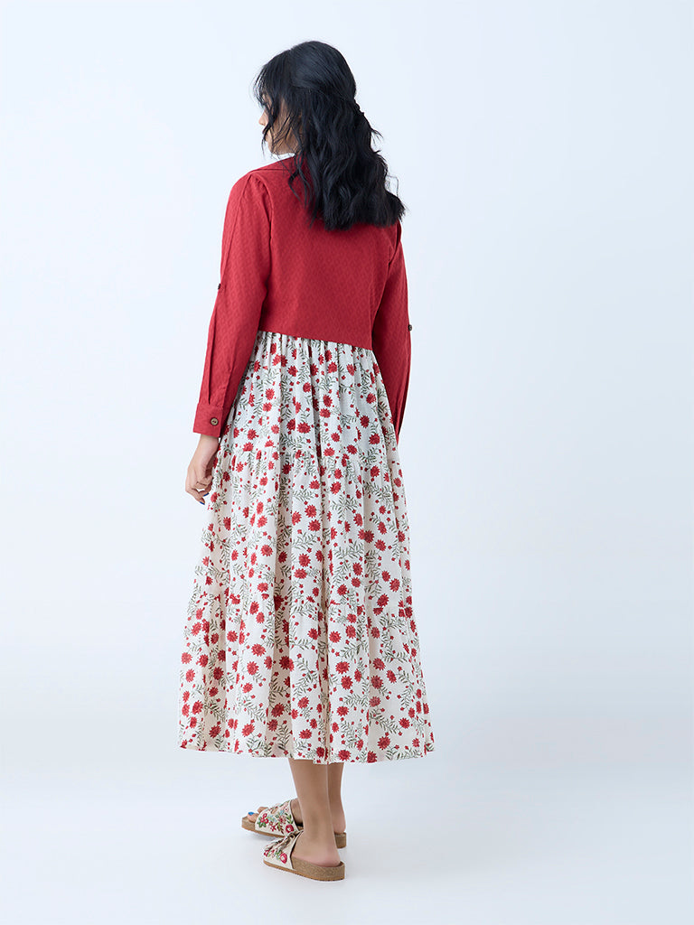 Westside Bombay Paisley Women's Red Floral Print Cotton Tiered Dress with Jacket for Everyday Back View