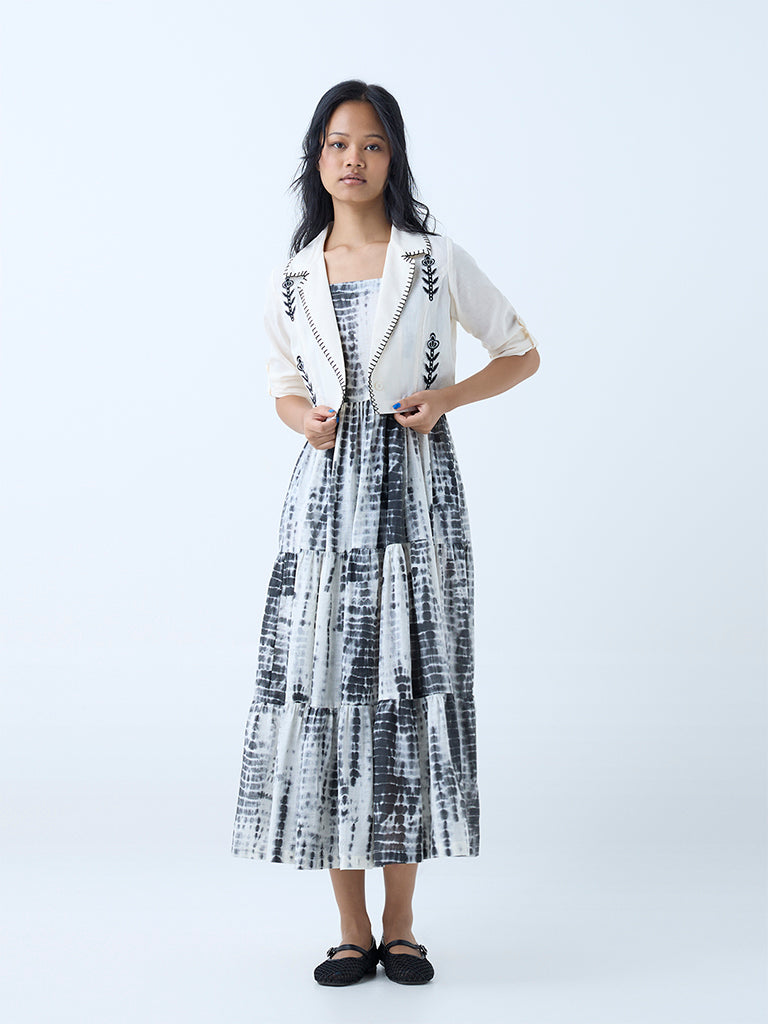 Westside Bombay Paisley Women's Grey Cotton Tiered Dress with Jacket for Everyday Full View