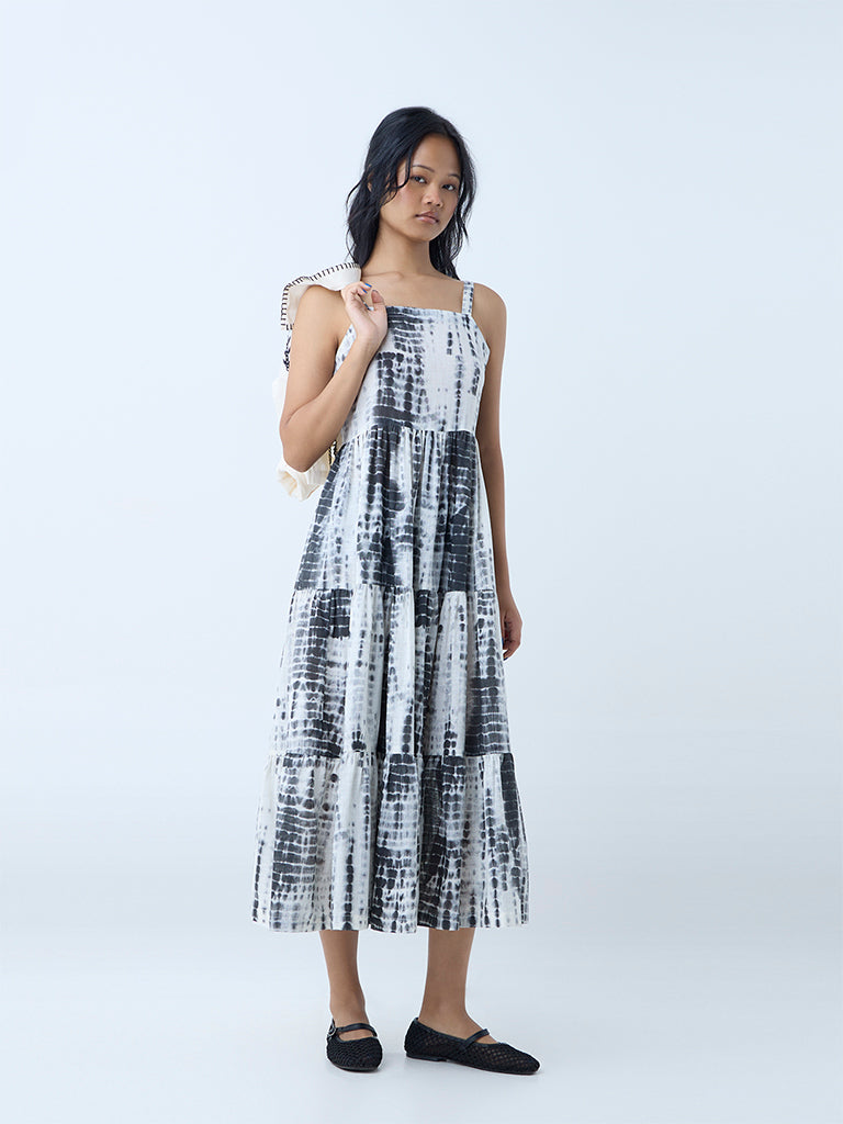 Westside Bombay Paisley Women's Grey Cotton Tiered Dress with Jacket for Everyday Front view