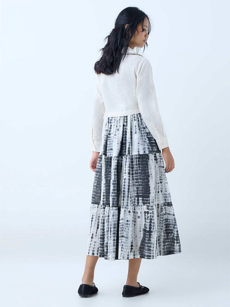 Westside Bombay Paisley Women's Grey Cotton Tiered Dress with Jacket for Everyday Back View