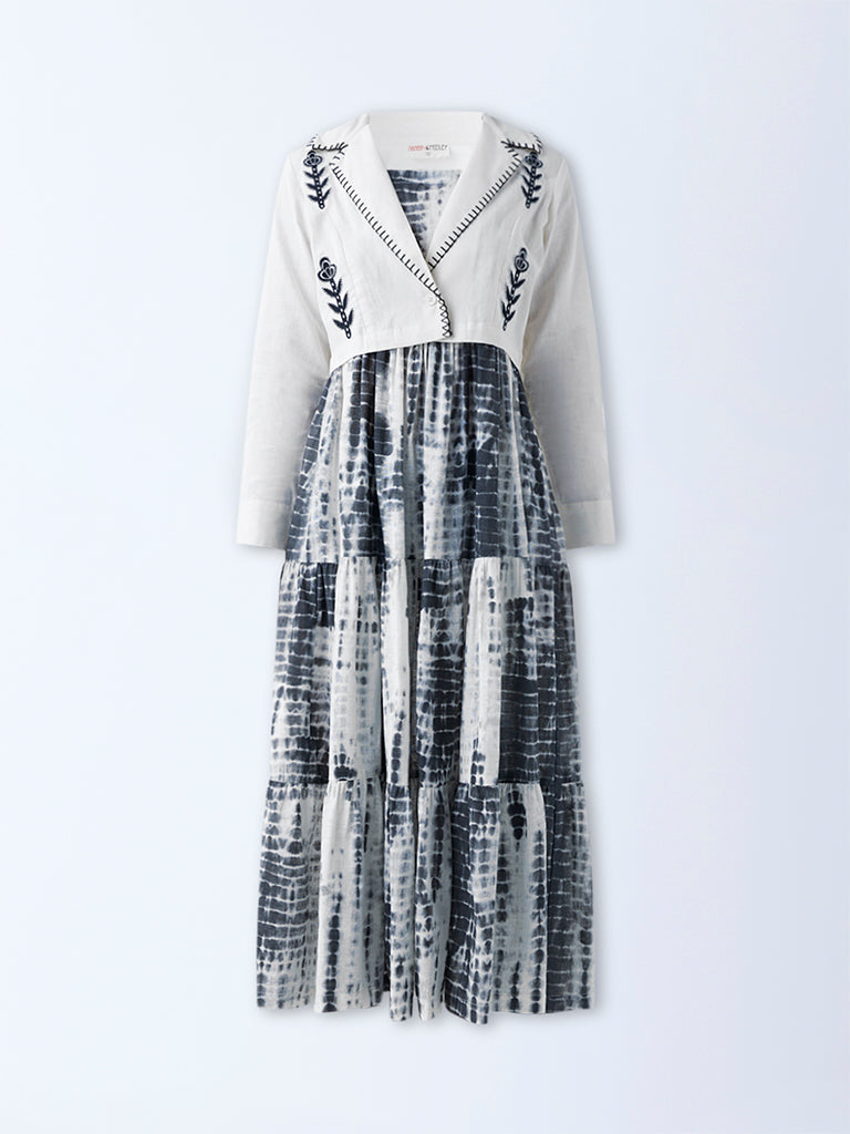 Westside Bombay Paisley Women's Grey Cotton Tiered Dress with Jacket for Everyday Flatlay