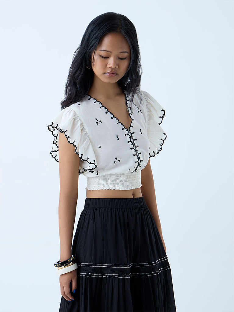 Westside Bombay Paisley Women's Off-White Embroidered Cotton Top for Everyday Front view