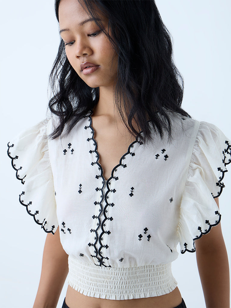Westside Bombay Paisley Women's Off-White Embroidered Cotton Top for Everyday Zoomed View