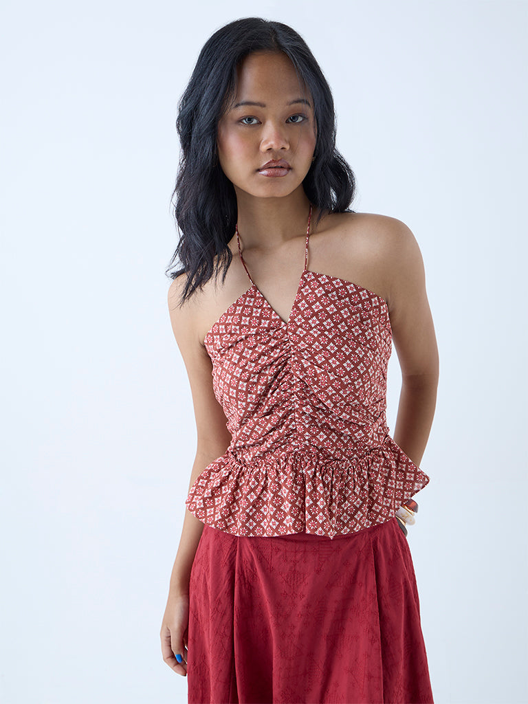 Westside Bombay Paisley Women's Brown Floral Printed Cotton Top for Everyday Front view