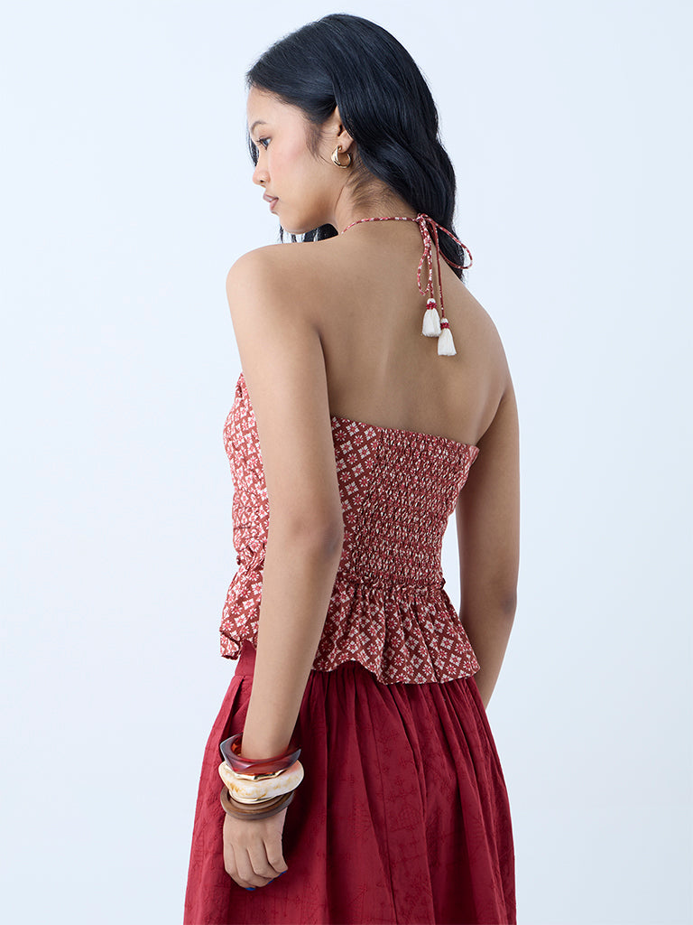 Westside Bombay Paisley Women's Brown Floral Printed Cotton Top for Everyday Back View