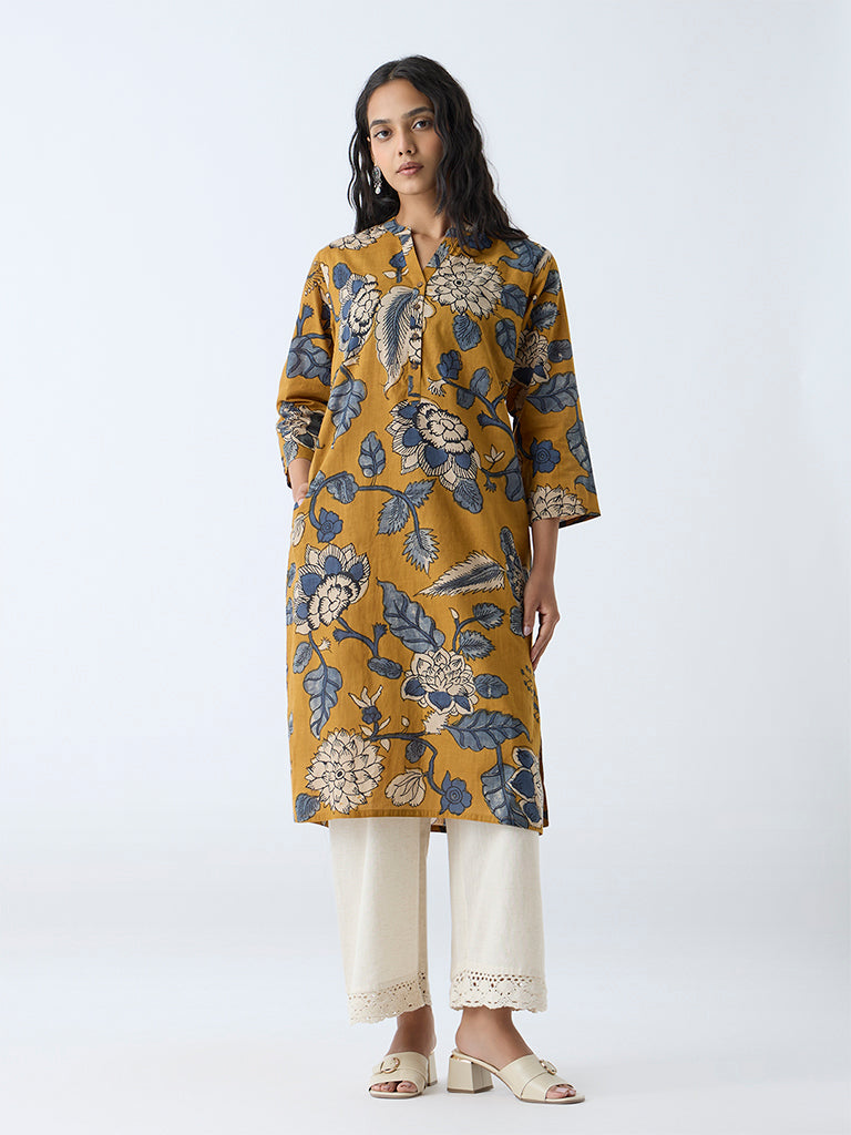 Westside Utsa Women's Mustard Foliage Printed Straight Kurta for Everyday Full View