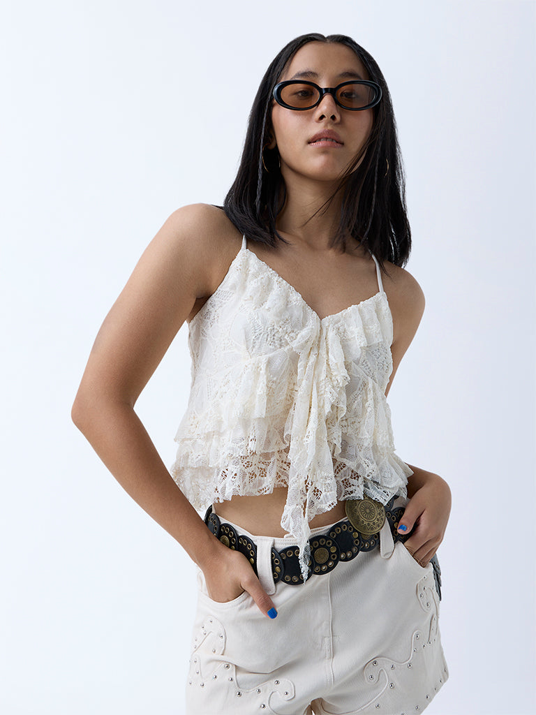 Westside Nuon Women's Off-White Lace Detailed Ruffled Top for Casual Wear Front View