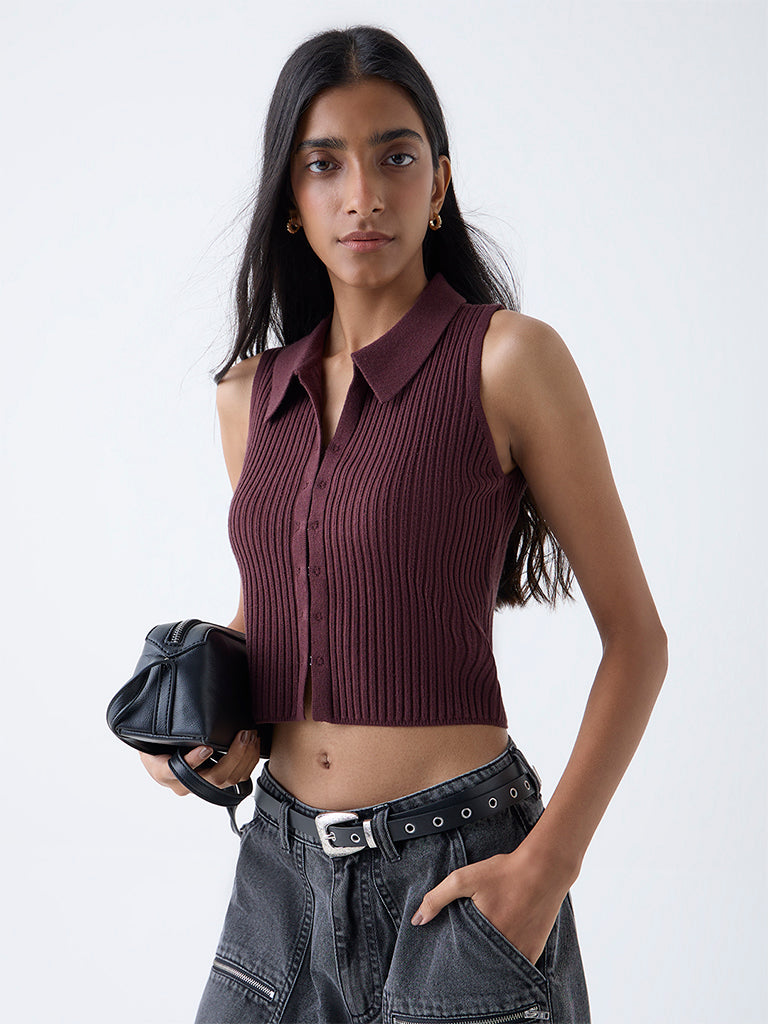 Nuon Brown Self-Striped Top