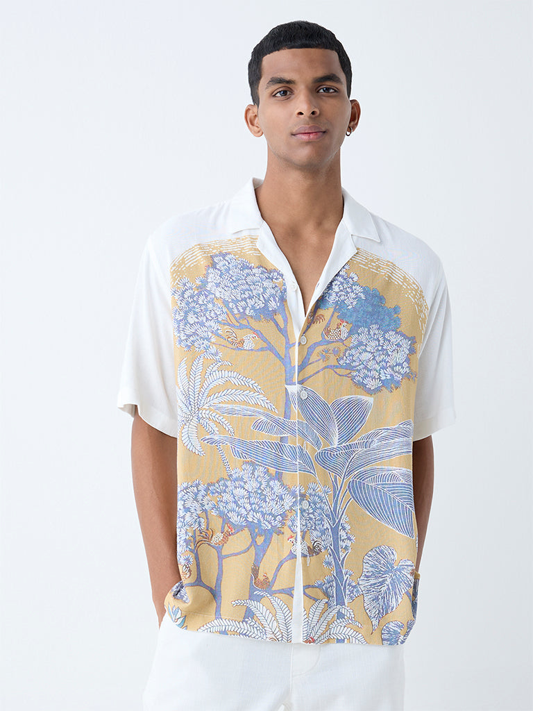 Westside ETA Men's White Nature-Inspired Relaxed-Fit Shirt for Casual Wear Front View
