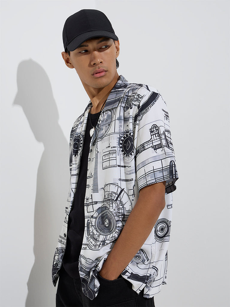 Westside Nuon Men's White Printed Relaxed-Fit Shirt for Casual Wear Front View