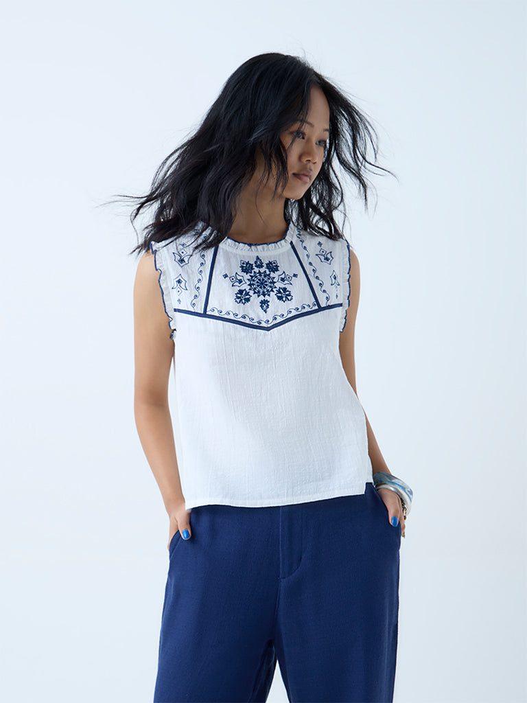 Westside Bombay Paisley Women's White Embroidered Cotton-Blend Top for Everyday Front View