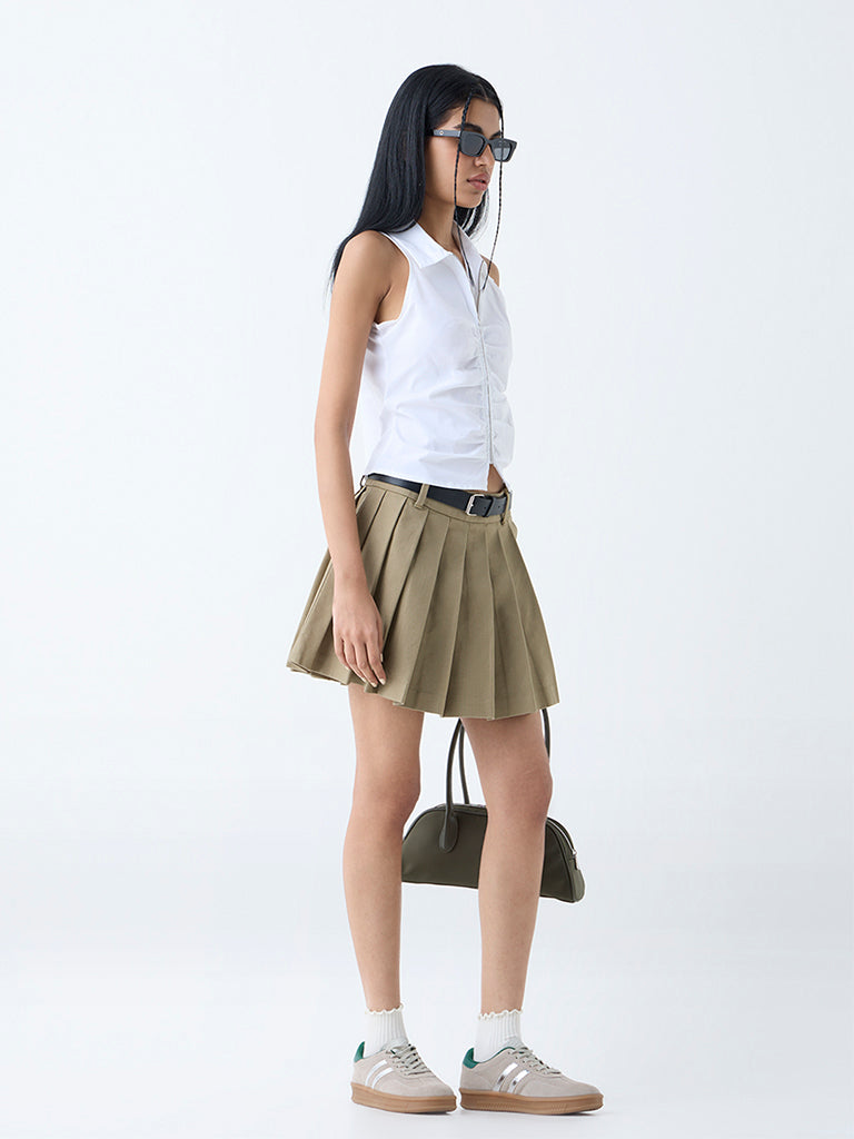 Westside Nuon Women's White Ruched Cotton-Blend Shirt for Casual Wear Full View