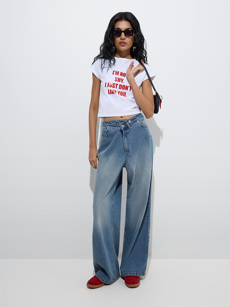 Westside Nuon Women's Blue Faded Wide-Leg Mid-Rise Jeans for Casual Wear Full View