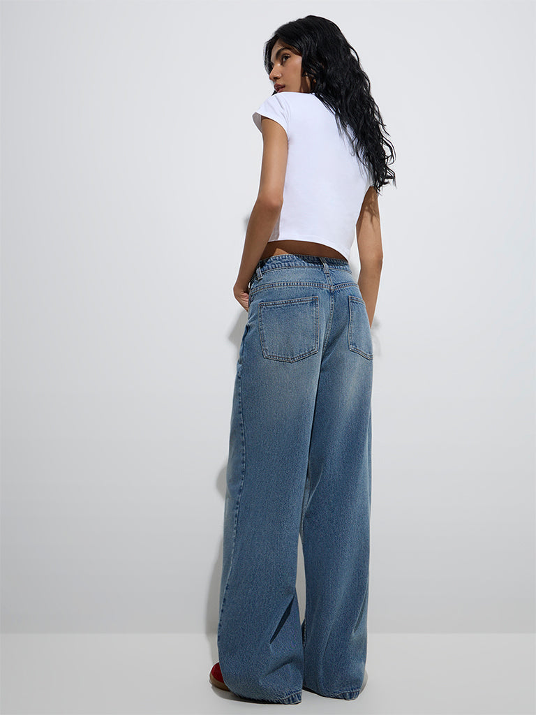 Westside Nuon Women's Blue Faded Wide-Leg Mid-Rise Jeans for Casual Wear Back View