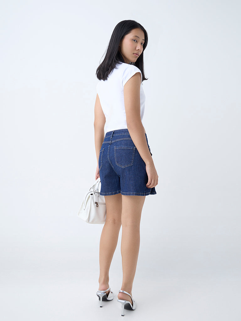 Westside Nuon Women's Dark Blue Mid-Rise Denim Skorts for Casual Wear Back View
