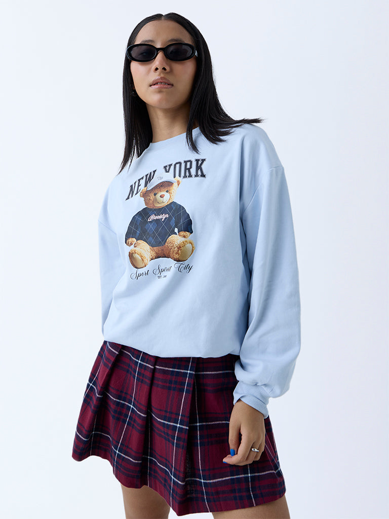 Westside Nuon Women's Light Blue Teddy Printed Cotton Sweatshirt for Winter Wear Full View