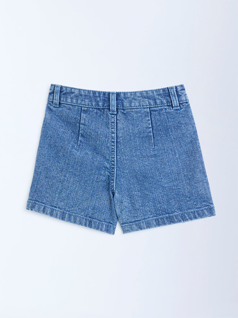 HOP Kids Girls Blue Floral Applique High-Rise Denim Skorts