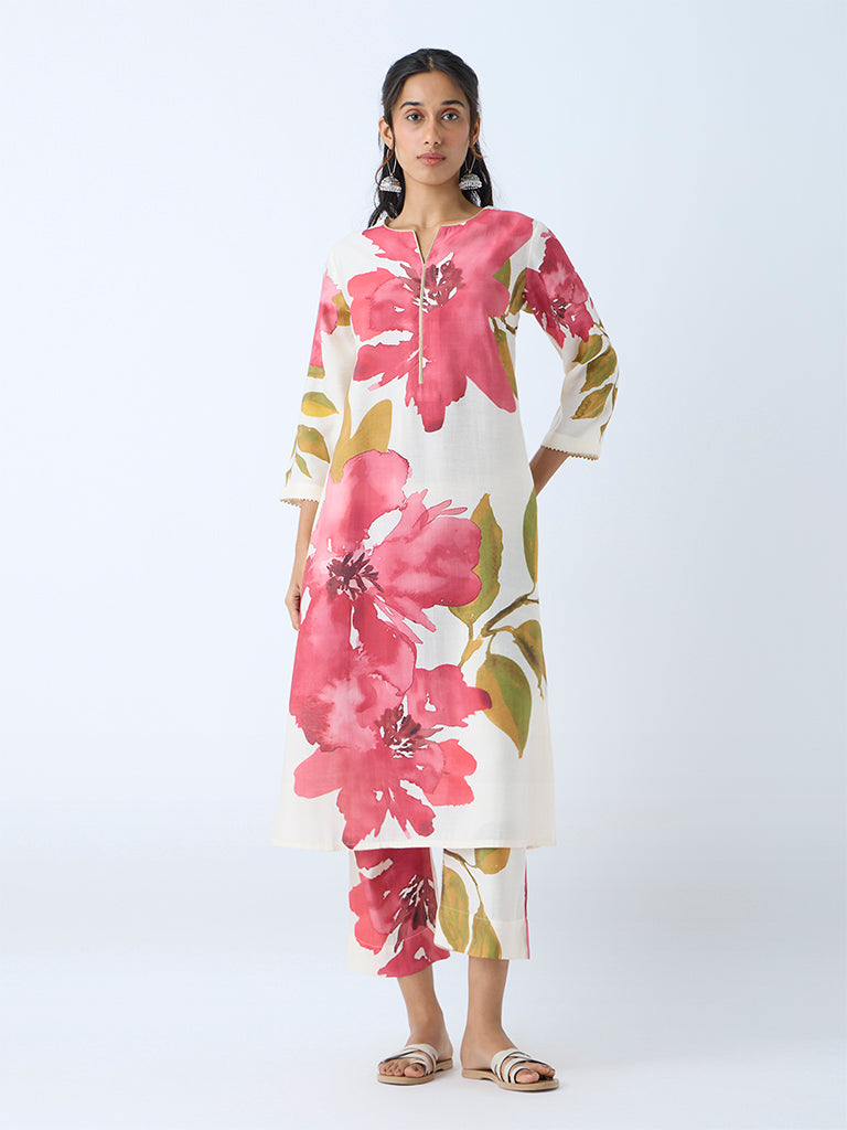 Westside Utsa Women's Pink Botanical Design A-Line Kurta for Work Wear Full View