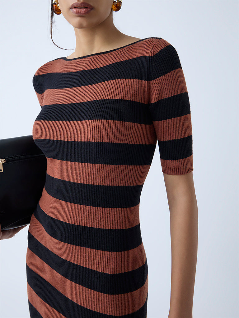 Wardrobe Tan Striped Bodycon Dress