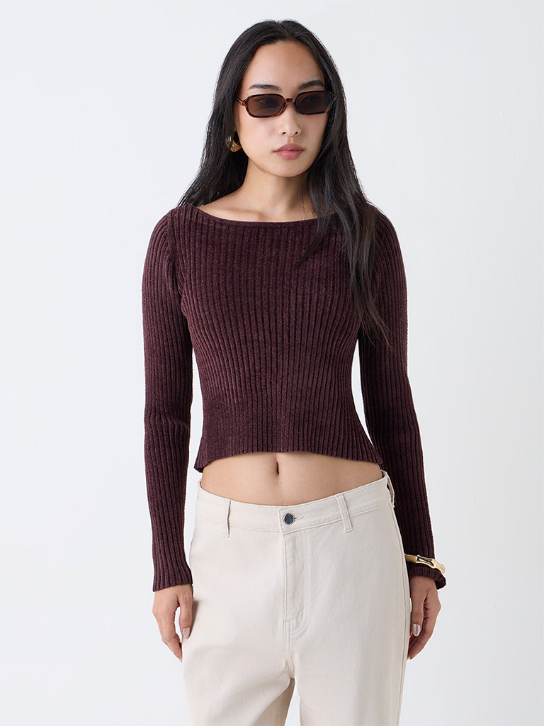 LOV Dark Brown Ribbed-Textured Top