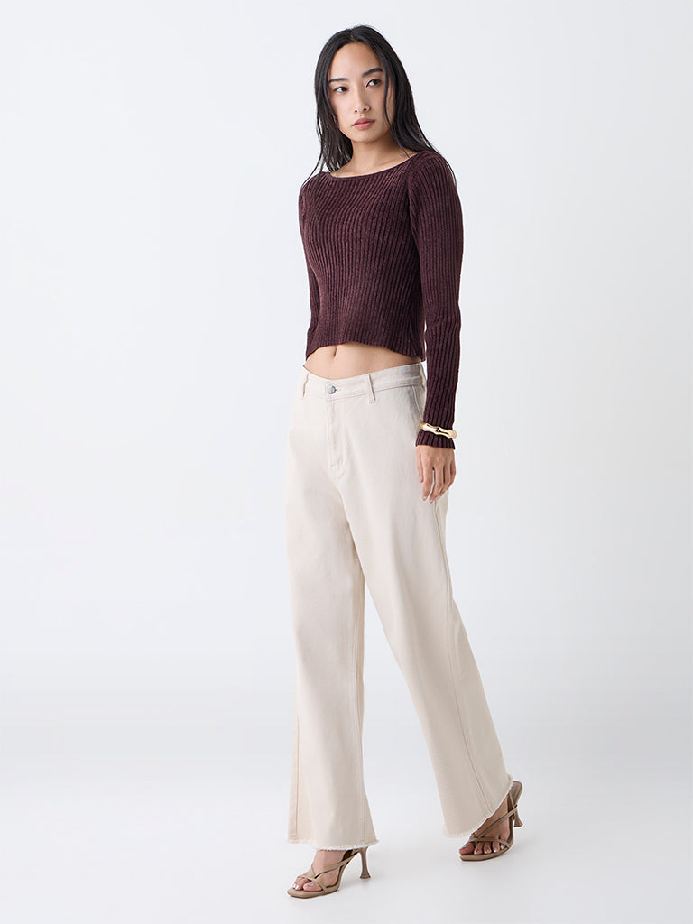 LOV Dark Brown Ribbed-Textured Top