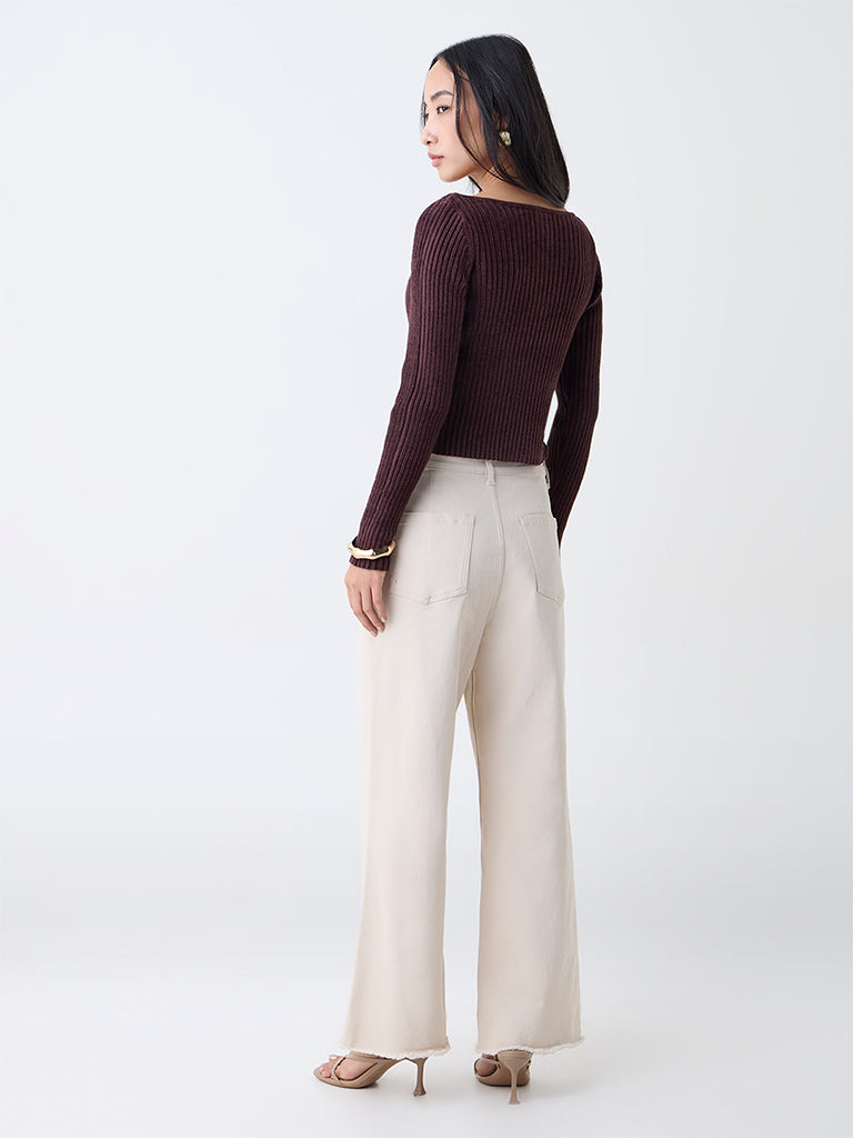 LOV Dark Brown Ribbed-Textured Top