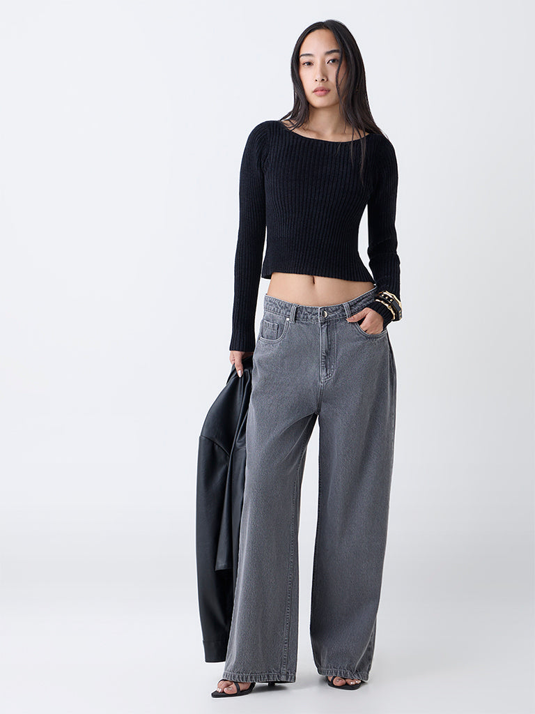 LOV Black Ribbed-Textured Top