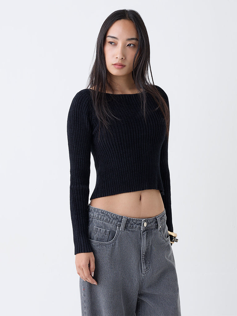 LOV Black Ribbed-Textured Top