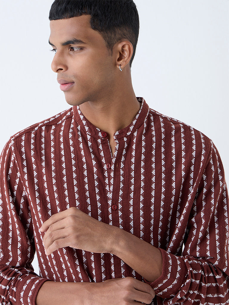 Westside ETA Men's Brown Embroidered Resort-Fit Cotton Shirt for Casual Wear Zoomed View