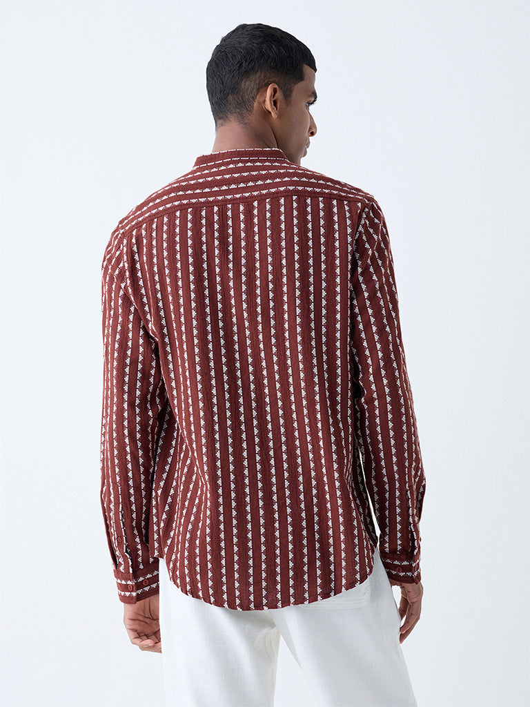 Westside ETA Men's Brown Embroidered Resort-Fit Cotton Shirt for Casual Wear Back View