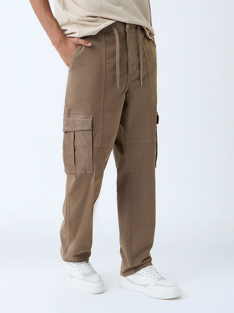 Westside Nuon Men's Brown Cargo-Style Relaxed-Fit Mid-Rise Pants for Casual Wear Front view