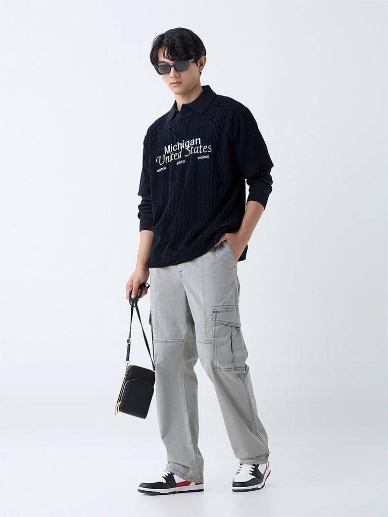 Westside Nuon Men's Grey Relaxed-Fit Mid-Rise Cotton-Blend Cargo Pants for Casual Wear Full View