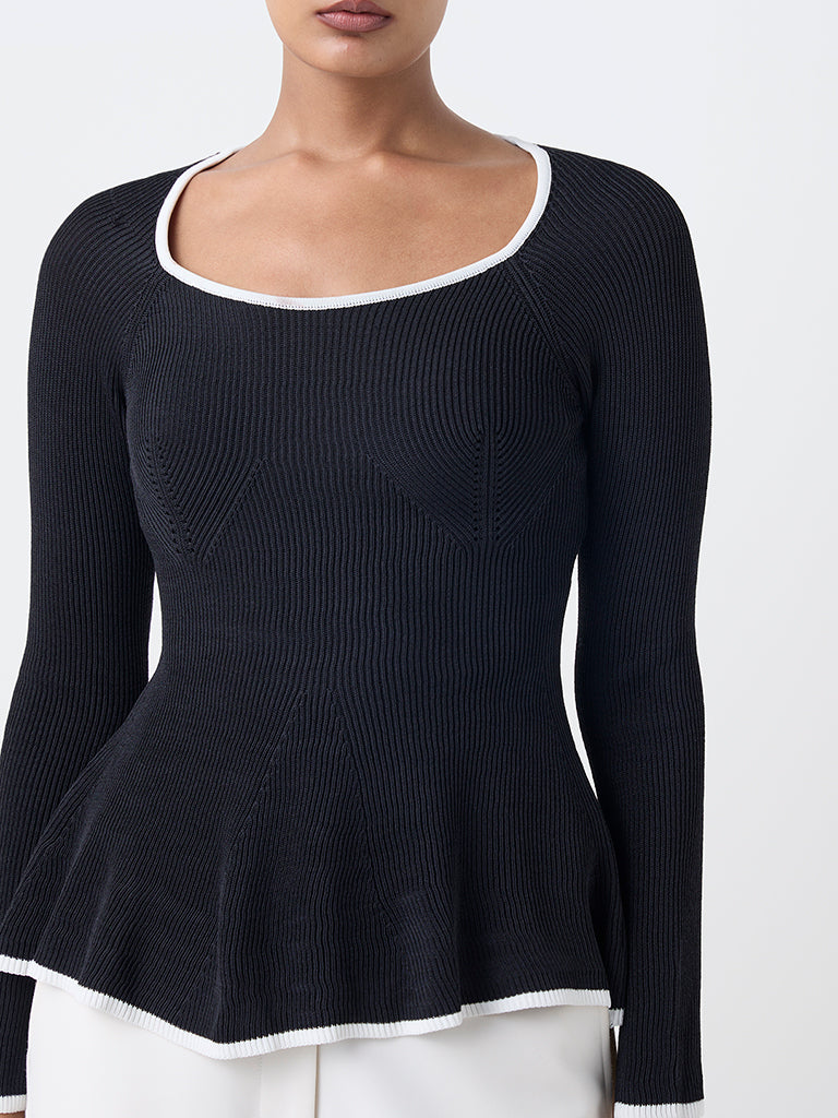 Wardrobe Black Ribbed-Textured Peplum Top