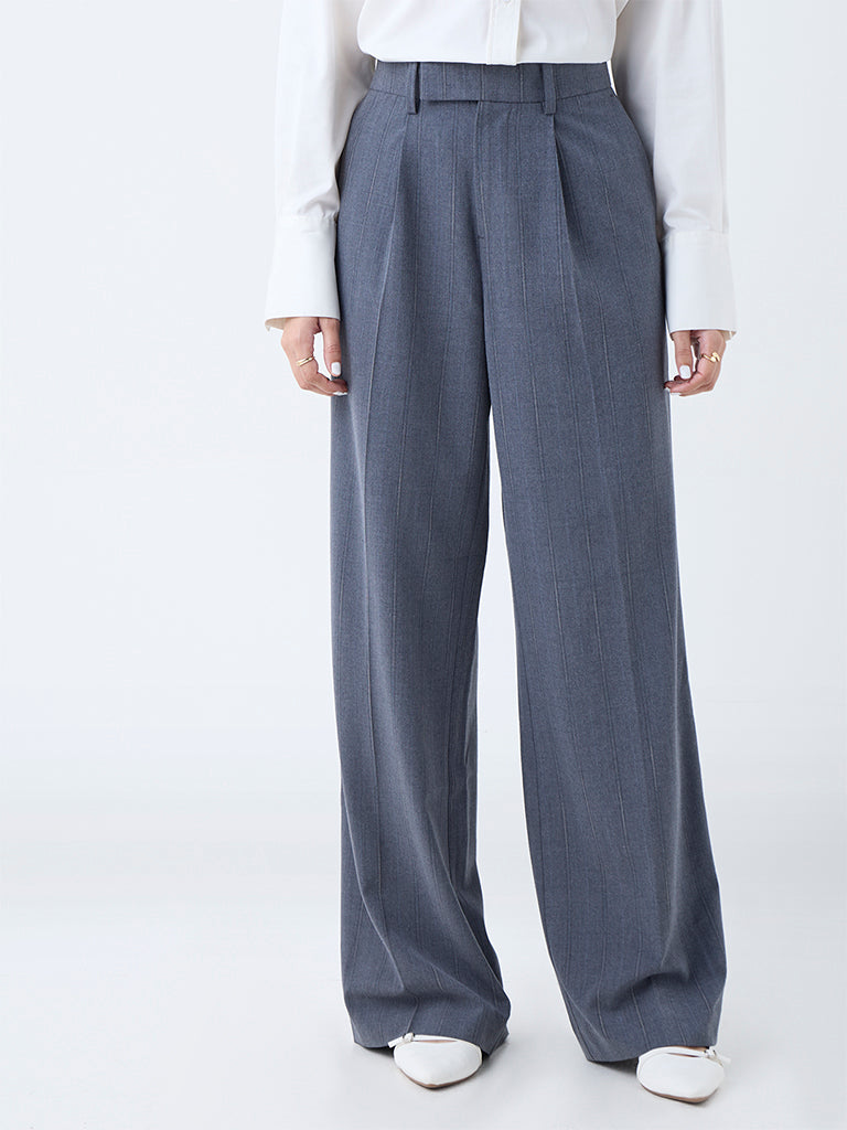 Westside Wardrobe Women's Grey Self-Striped High-Rise Trousers for Work Wear Front view