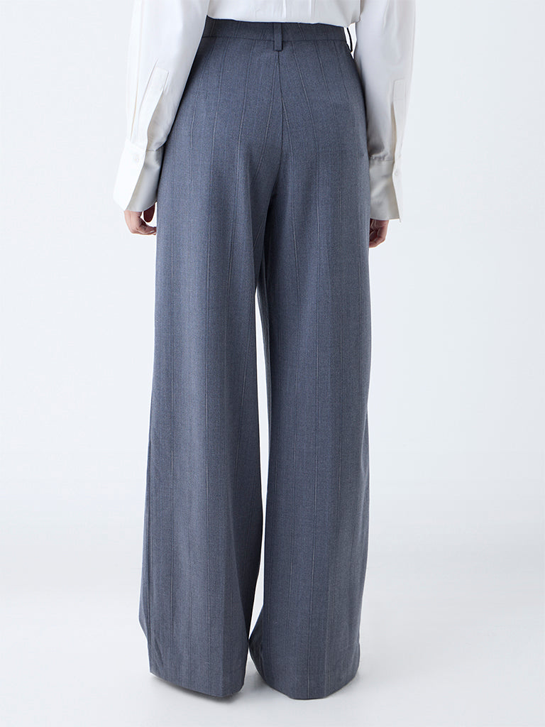 Westside Wardrobe Women's Grey Self-Striped High-Rise Trousers for Work Wear Back View
