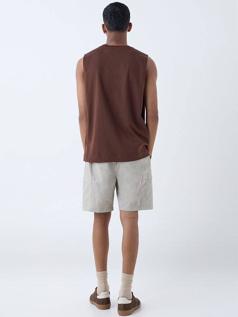 Westside Studiofit Men's Taupe Relaxed-Fit Mid-Rise Shorts for Sports Wear Back View