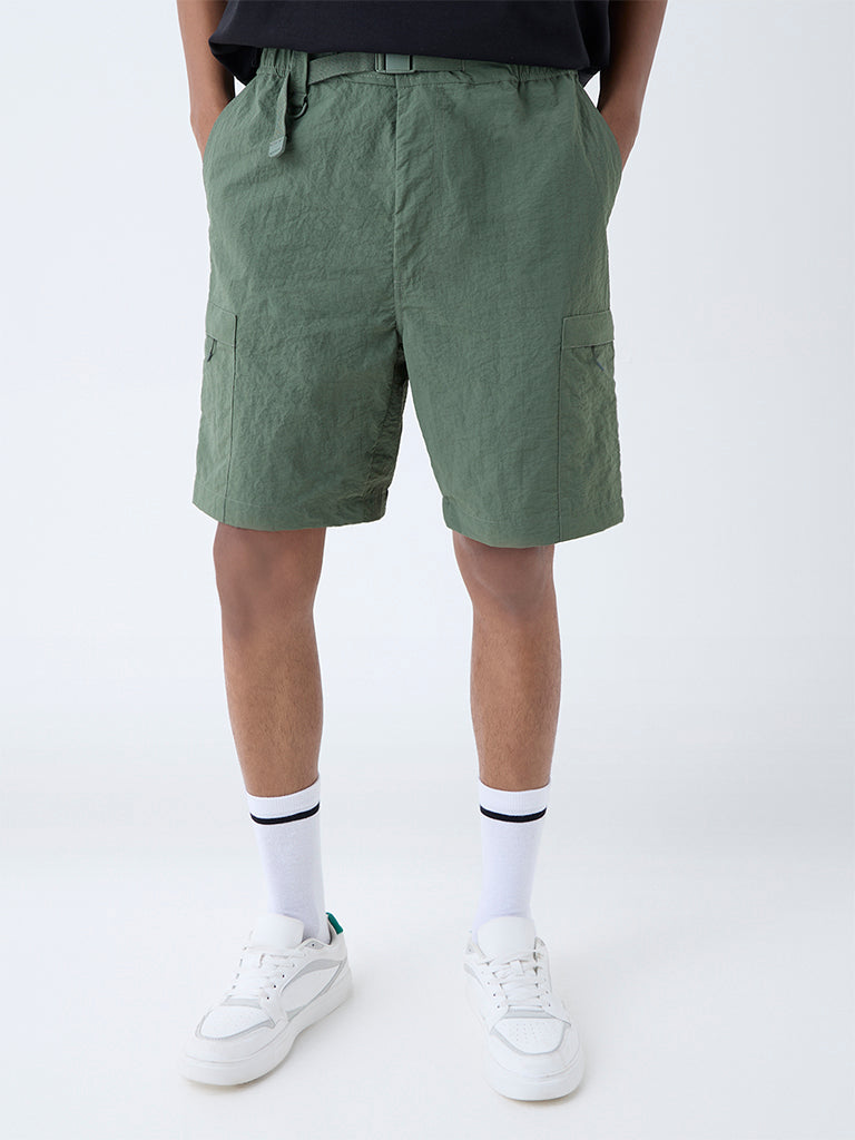 Westside Studiofit Men's Olive Relaxed-Fit Mid-Rise Shorts for Sports Wear Front View