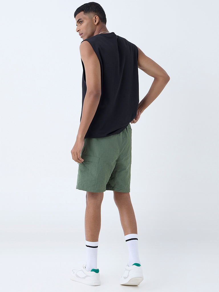 Westside Studiofit Men's Olive Relaxed-Fit Mid-Rise Shorts for Sports Wear Back View