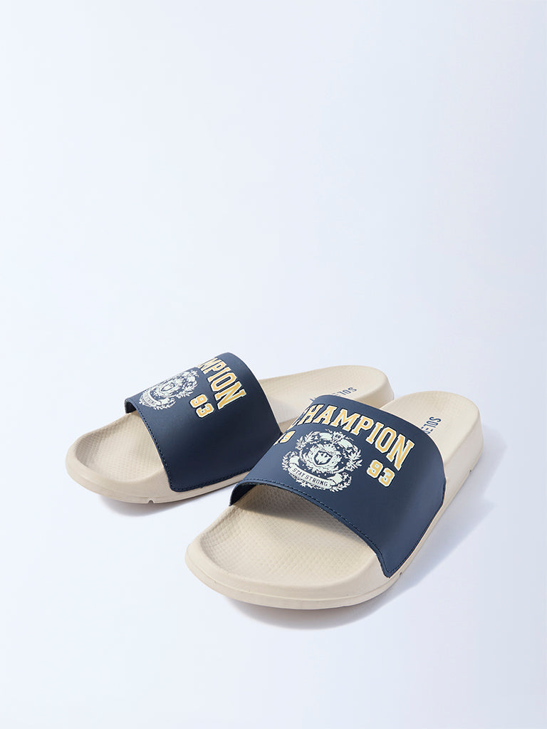 Westside SOLEPLAY Men's Navy Text Detailed Pool Slides for Casual Wear Front View