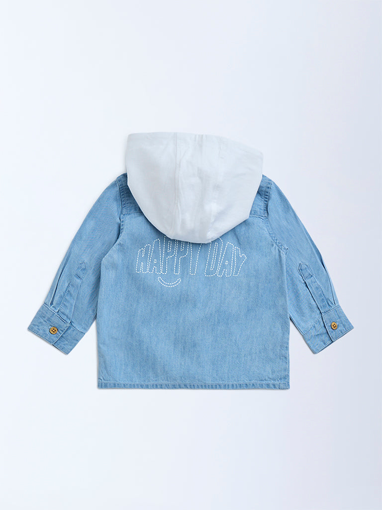 Westside HOP Baby Boys Blue Denim Shirt with Hood for Casual Wear Back View