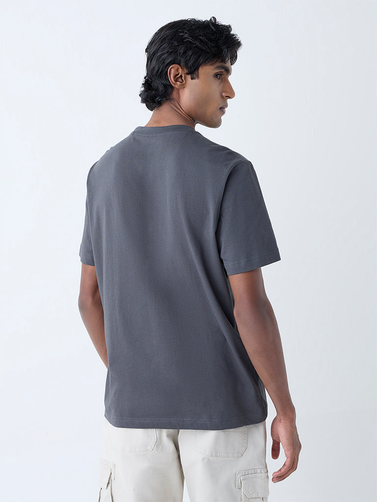 Westside WES Casuals Men's Charcoal Solid Slim-Fit Cotton T-Shirt for Casual Wear Back View