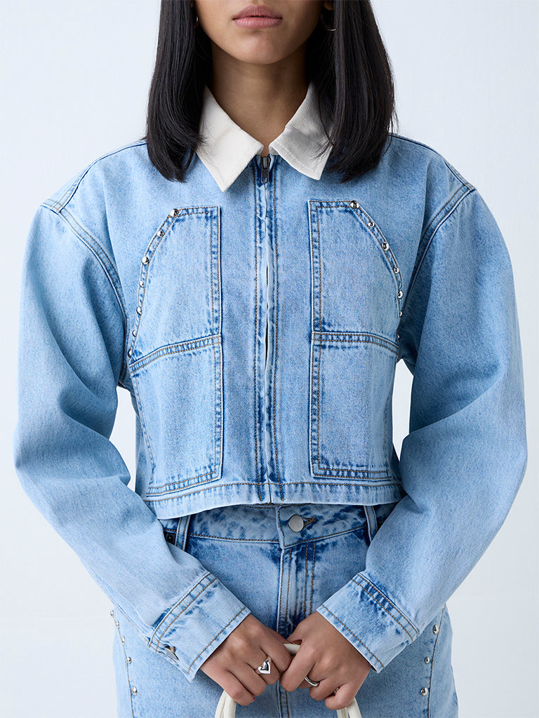 Westside Nuon Women's Blue Stud-Detailed Denim Jacket for Casual Wear Zoomed View