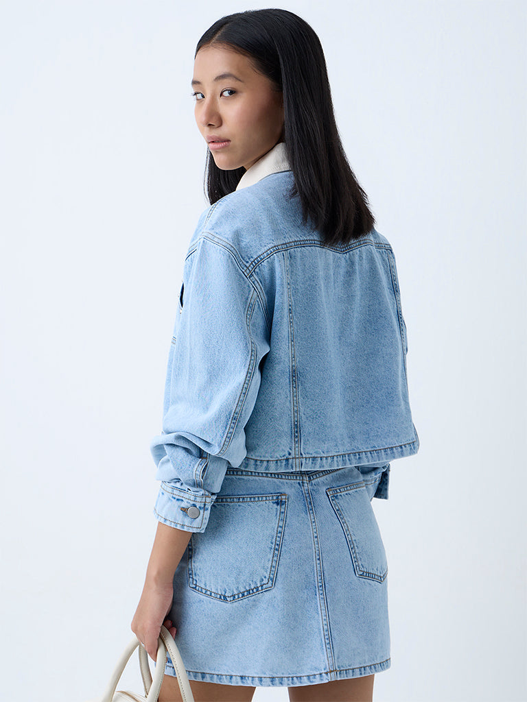 Westside Nuon Women's Blue Stud-Detailed Denim Jacket for Casual Wear Back View